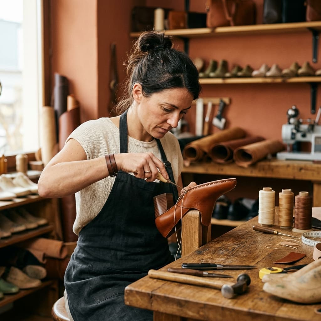 Master cobbler handcrafting a pair of women's shoes