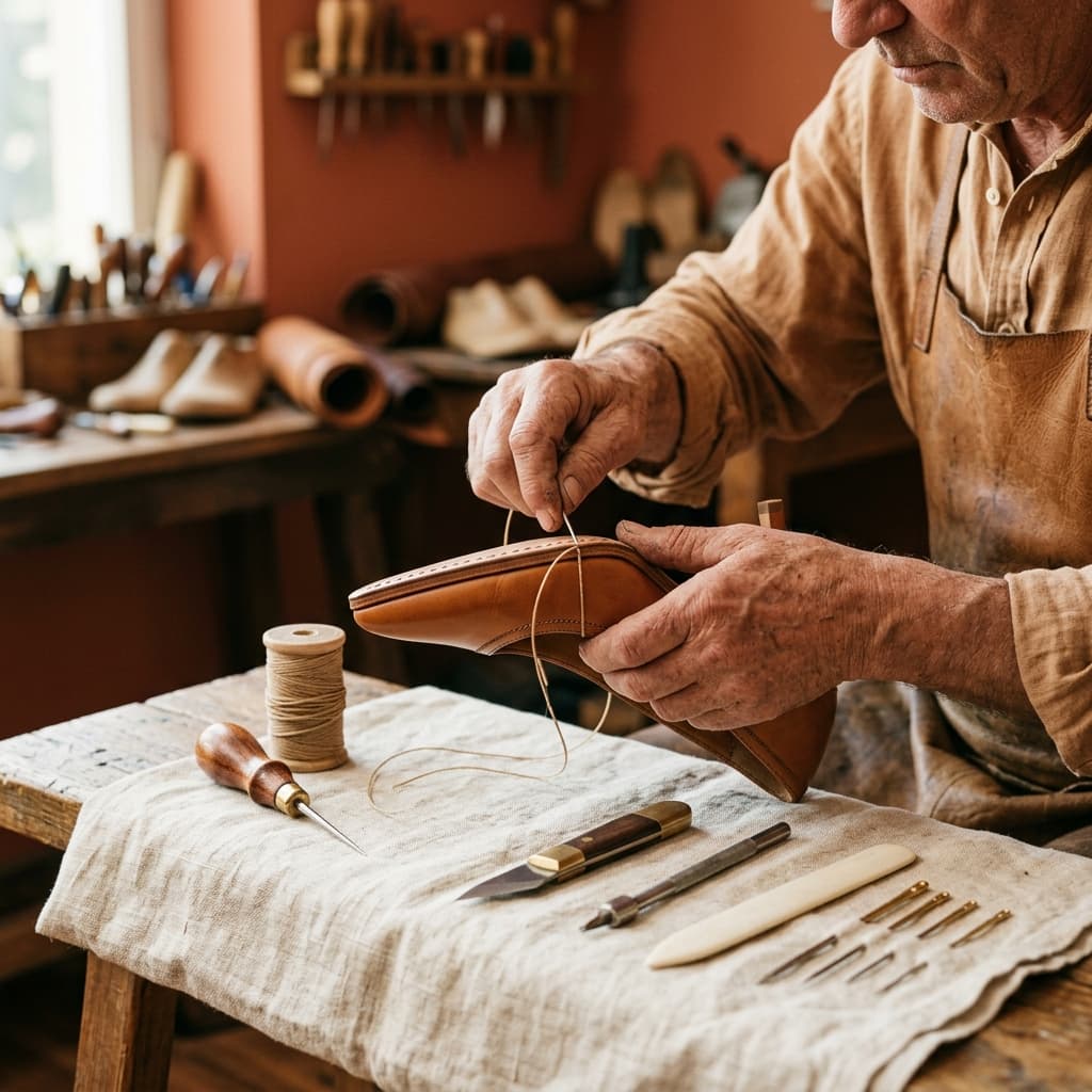 Cobbler stitching leather shoe by hand